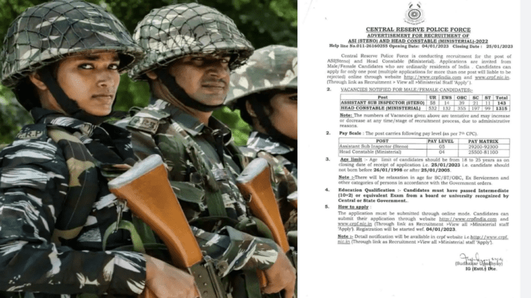 Sarkari Naukari: CRPF में हेड कांस्टेबल और एएसआई के 1458 पदों पर निकली भर्ती, 12 वीं पास कर सकेंगे अप्लाई,पढ़ें डिटेल